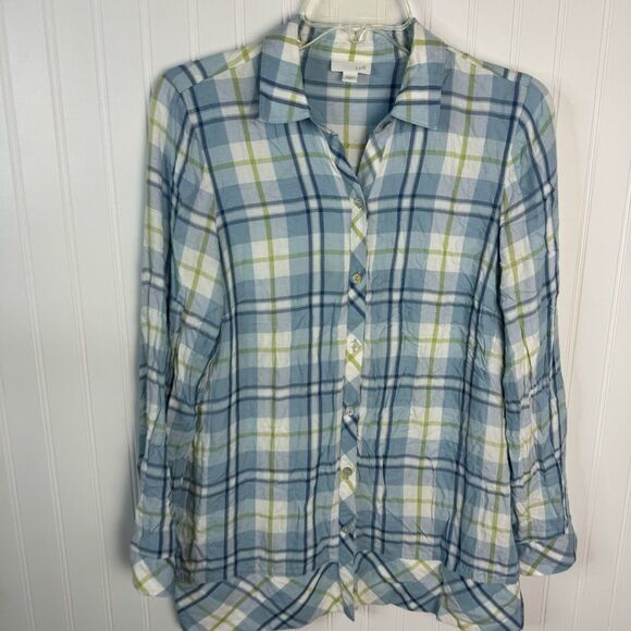 J.Jill Top Small Plaid Button Up Women’s Casual Soft White Green Blue Cozy - Picture 2 of 9